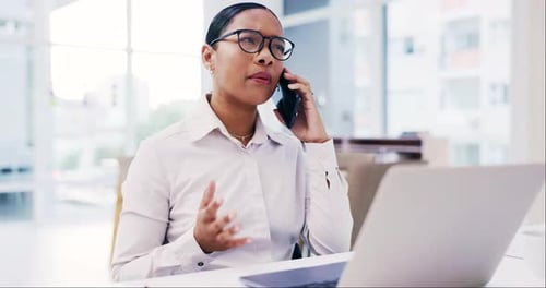 Phone call, laptop and discussion with a business woman at work in her office for networking