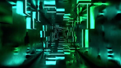 Cyan And Light Green Fantastic Corridor With Random Glowing Slabs Background Vj Loop In 4K