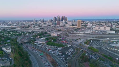 Aerial view of Los Angeles skyline, United States.