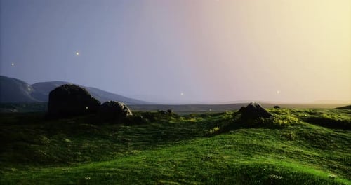 Vibrant Landscape Showcasing Rolling Hills and Rocky Formations at Dawn