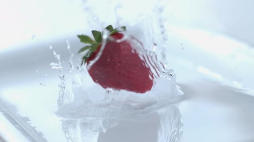 Strawberry splashing into water on white background