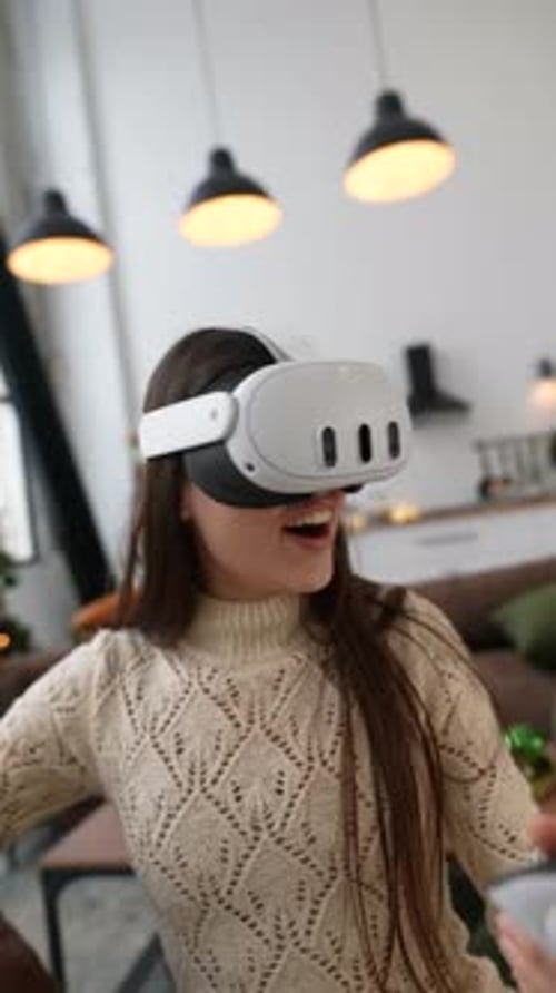 Excited Woman Using VR Headset at Christmas