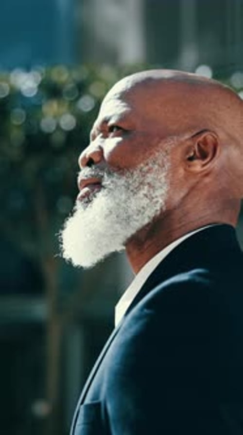 Vision, black man and mature ceo in city, thinking and idea outdoor in urban town