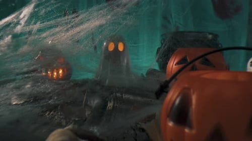 Halloween Decorations with Pumpkins, Ghost, and Cobwebs