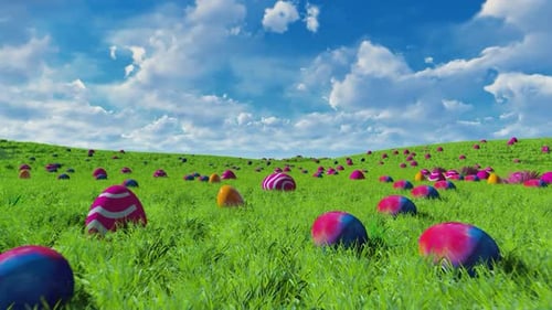 Vibrant Easter Eggs Rolling in a Green Spring Field