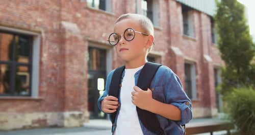 Portrait of happy little schoolboy child with backpack going to school at sunset street outdoors.
