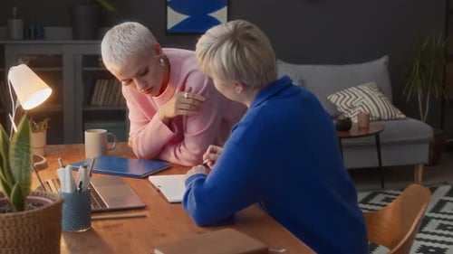 Two Friends Collaborating at Desk in Home Setting