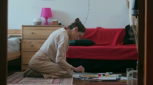 Woman Kneeling, Painting Art in Her Room