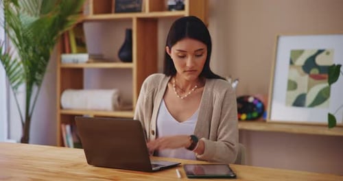 Woman, laptop and stress with tablet at house of exam anxiety, university application