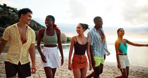 Holiday, talking and friends walking on beach for adventure and bonding together on tropical island