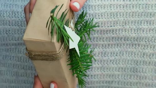 Woman Giving Box with New Year's Gifts Wrapped in Craft Paper and Decorated with Fir Branch