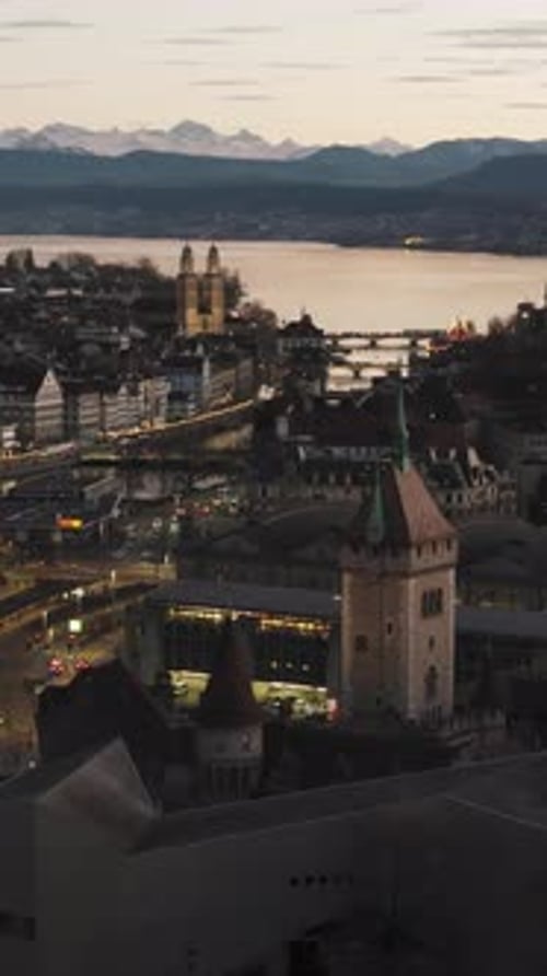 Aerial video of an urban urban landscape in Zurich, Switzerland