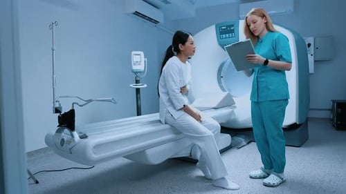 Patient Waiting for Xray Examination of Biopsy in Modern Clinic Complaint of Stomach Pain to Her