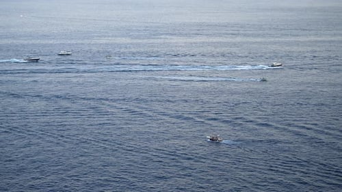 Remote Top View From Mountain Amalfi Coast to Boat and Yachts Sailing in Mediterranean Sea on