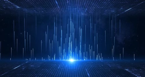 Digital particle lines emit light and flow of data points, big data visualization, futuristic