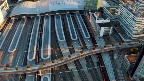 Drone top down view over big empty train station of Utrecht central, Netherlands during the Corona V