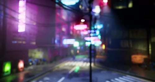 Vibrant Neon Lights Illuminate a Bustling City Street at Night