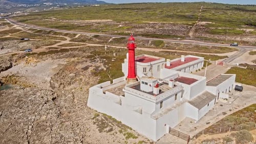 Aerial view of a lighthouse in the Portuguese coastline