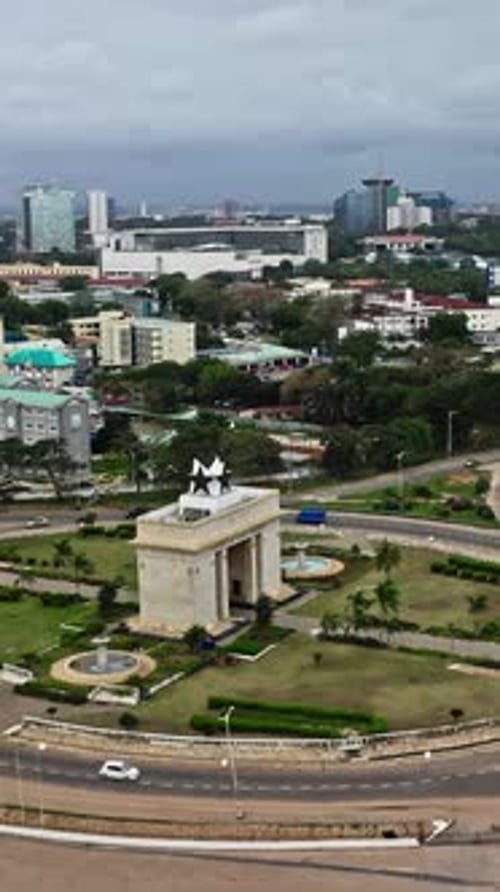 Aerial view of Independence Arch in Accra, Ghana during cloudy weather