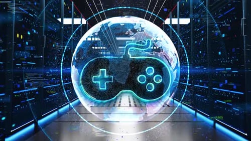 Gaming Pad Icon Moving Through Rack Servers in Data Center