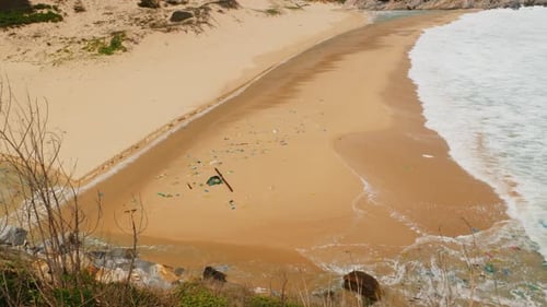 Plastic ocean pollution waste, trash on the beach. hot in Ninh Thuan province, Vietnam.