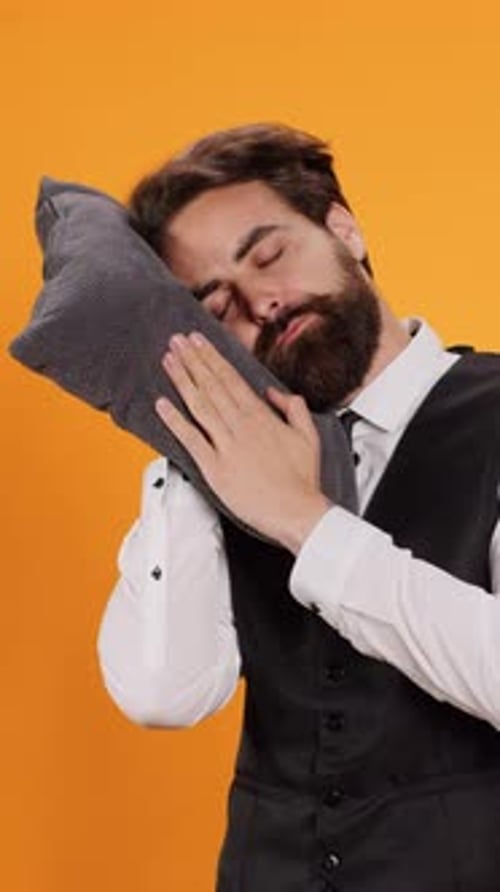 Vertical Video Exhausted Waiter Taking Nap on Pillow