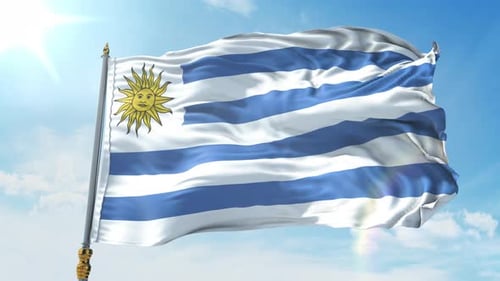 Realistic Waving Flag of Uruguay Against a Bright Blue Sky