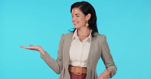 Business woman, portrait and hands with decision or show choice on studio mockup