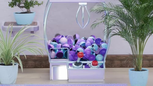 Animated Claw Machine Grabbing and Dropping Colorful Prizes