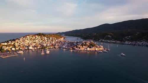 Aerial View Of a Greek island with small town and port