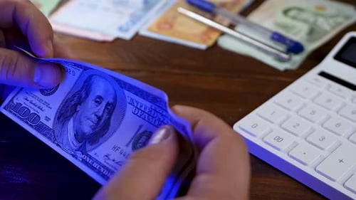 Check US Dollar Cash in Bank Under Blacklight or Ultraviolet Lamp