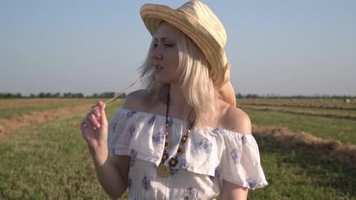 Portrait d'une jeune femme caucasienne séduisante dans une robe d'été et un chapeau de paille