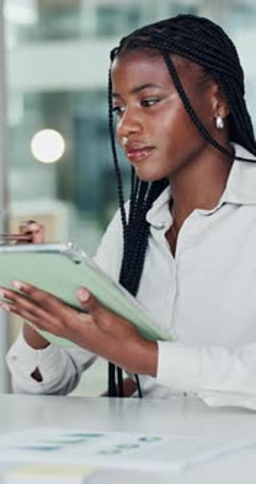 Office, documents and business black woman on tablet for finance review