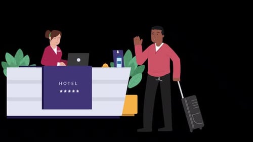 Tourist Or Traveller People Standing At Desk In Hotel Lobby On Alpha Channel