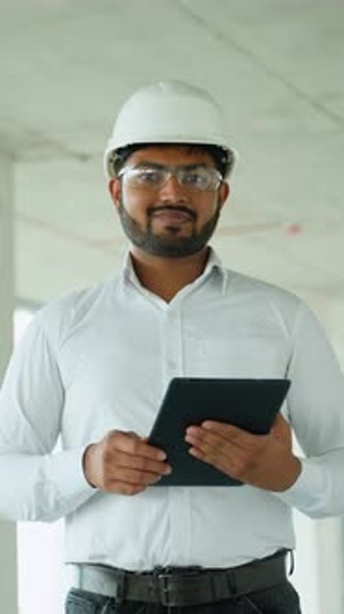 Indian Engineer Reviewing Construction Project Data with Tablet Onsite