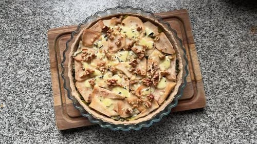 Delicious Pear and Cheese Tart on Cutting Board