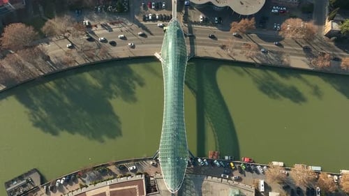 Top Aerial View of the Bridge of Peace in Tbilisi, Georgia