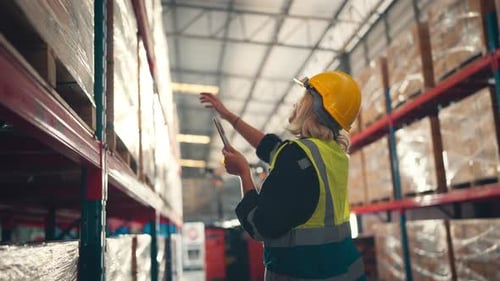 Woman worker checks products stock inventory with digital tablet in the retail warehouse