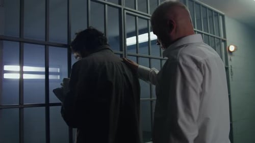 Prisoner Stands Facing the Metal Bars Goes Inside Jail Cell