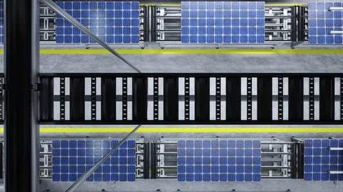 Vue de dessus de la chaîne de montage de panneaux solaires exploitée par des bras robotiques de haute technologie