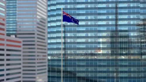 Cook Islands Flag Waving on Modern Skyscraper Building