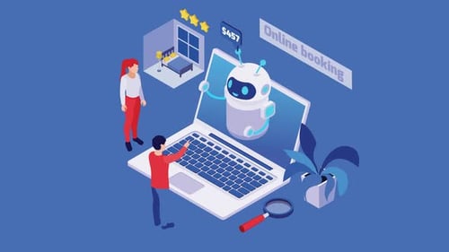 People Talking To Chatbot Man and Woman Working on Laptop Online Booking Animation