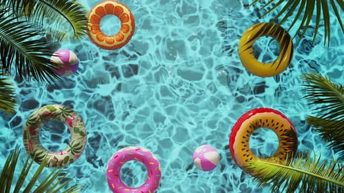 Loop Multiple Colorful Lifebuoys in Tropical Pool