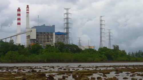 A static shot of striped stacks rise above water and trees, the power plant standing silent under