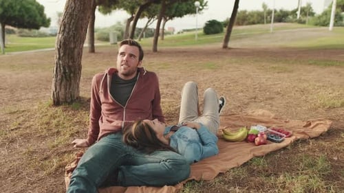 Affectionate Couple Relaxing on Picnic Blanket in Park