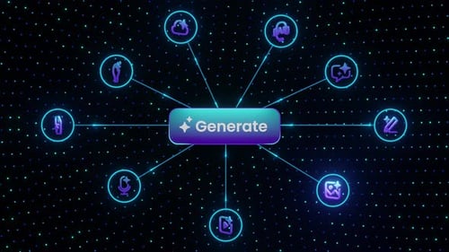 Concepto de generación de IA con el brillante botón «Generar» e íconos tecnológicos