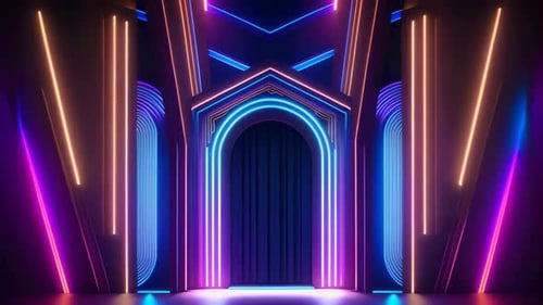 fondo geométrico con aspecto de neón brillante y colorido y podio para la presentación del producto