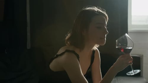 Woman Drinking Wine, Sitting on Couch