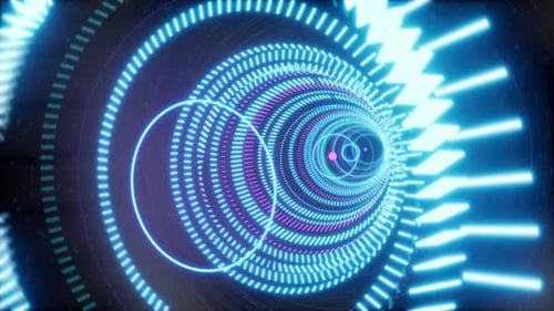 Abstract Circular Cybernetic Tunnel With Glowing Neon Lights