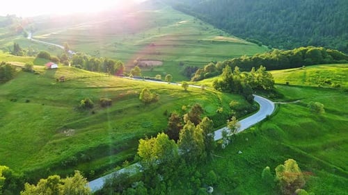Una carretera pasa por colinas cubiertas de bosques de abetos y prados contra un cielo nublado